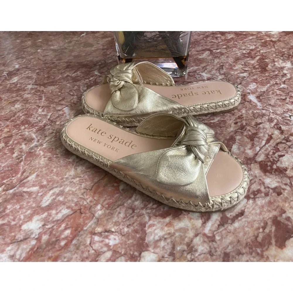New Kate‎ Spade Saltie Shore Gold Leather Flat Espadrille Sandal Size 6.5B, $128